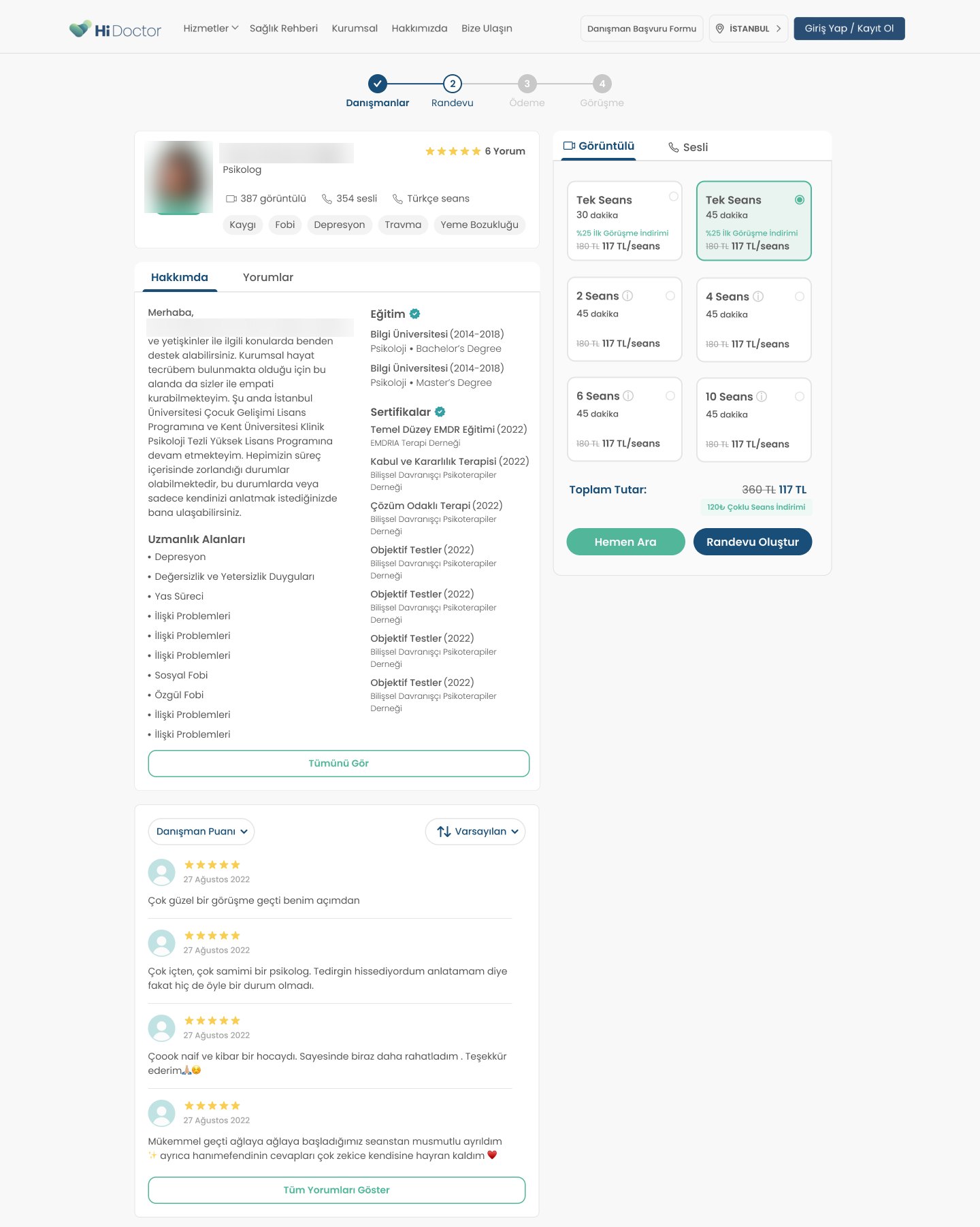 The redesigned psychologist profile: profile and about on the left, a booking panel with session cards and the total on the right