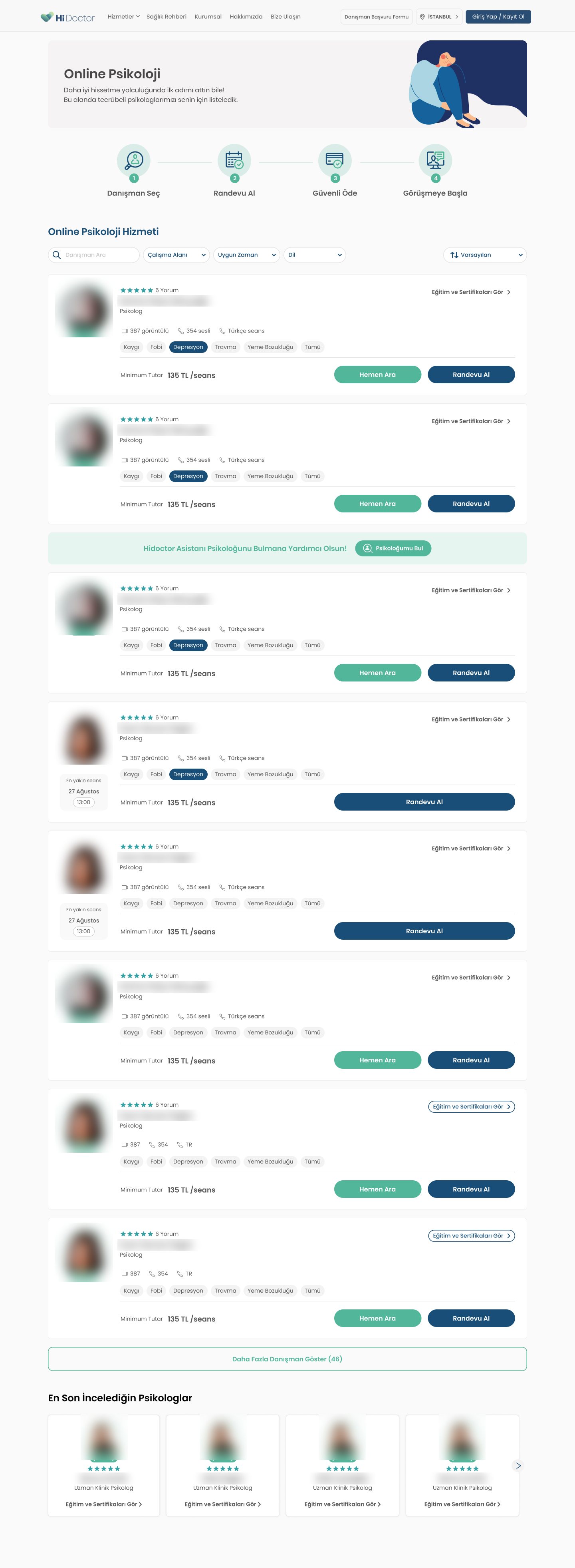 The redesigned psychologist list with the four booking steps on top, filters, psychologist cards, a matching banner and recently viewed psychologists at the bottom