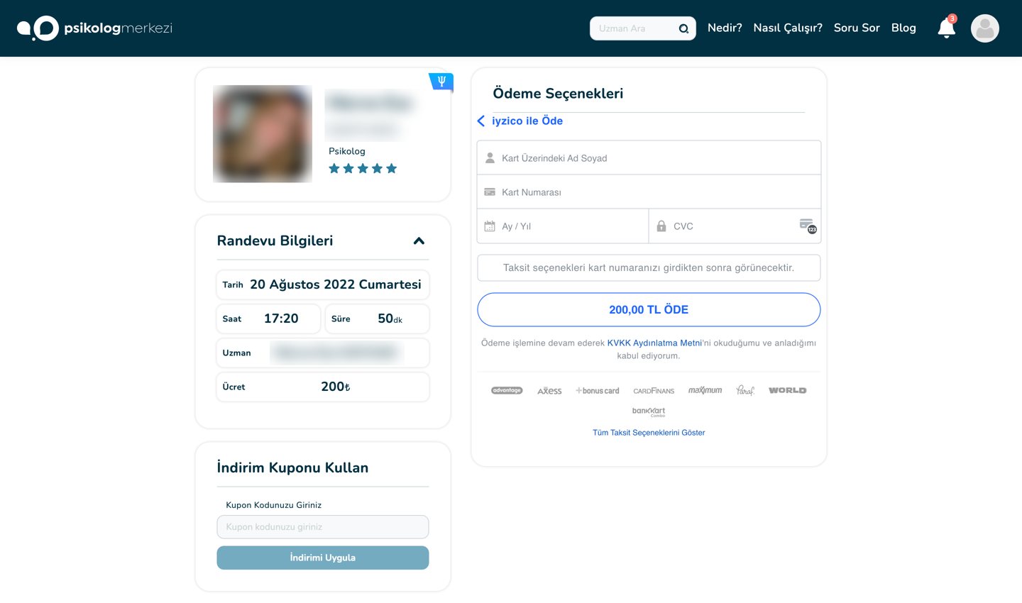A competitor's payment page with the appointment's date, time, length, expert and fee listed beside the card form