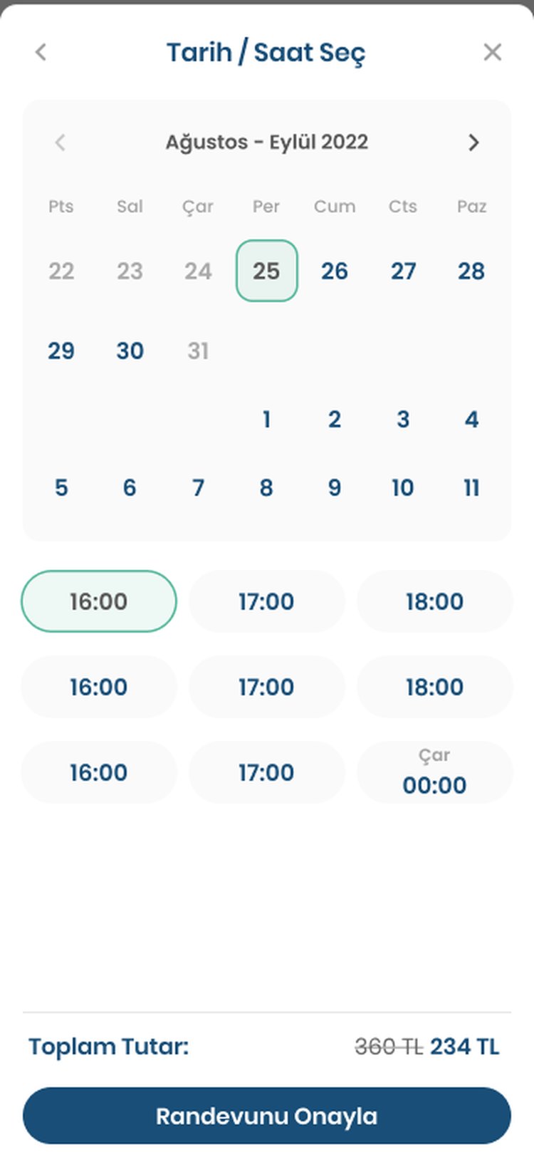 A full-screen date and time picker with the total and a confirm button