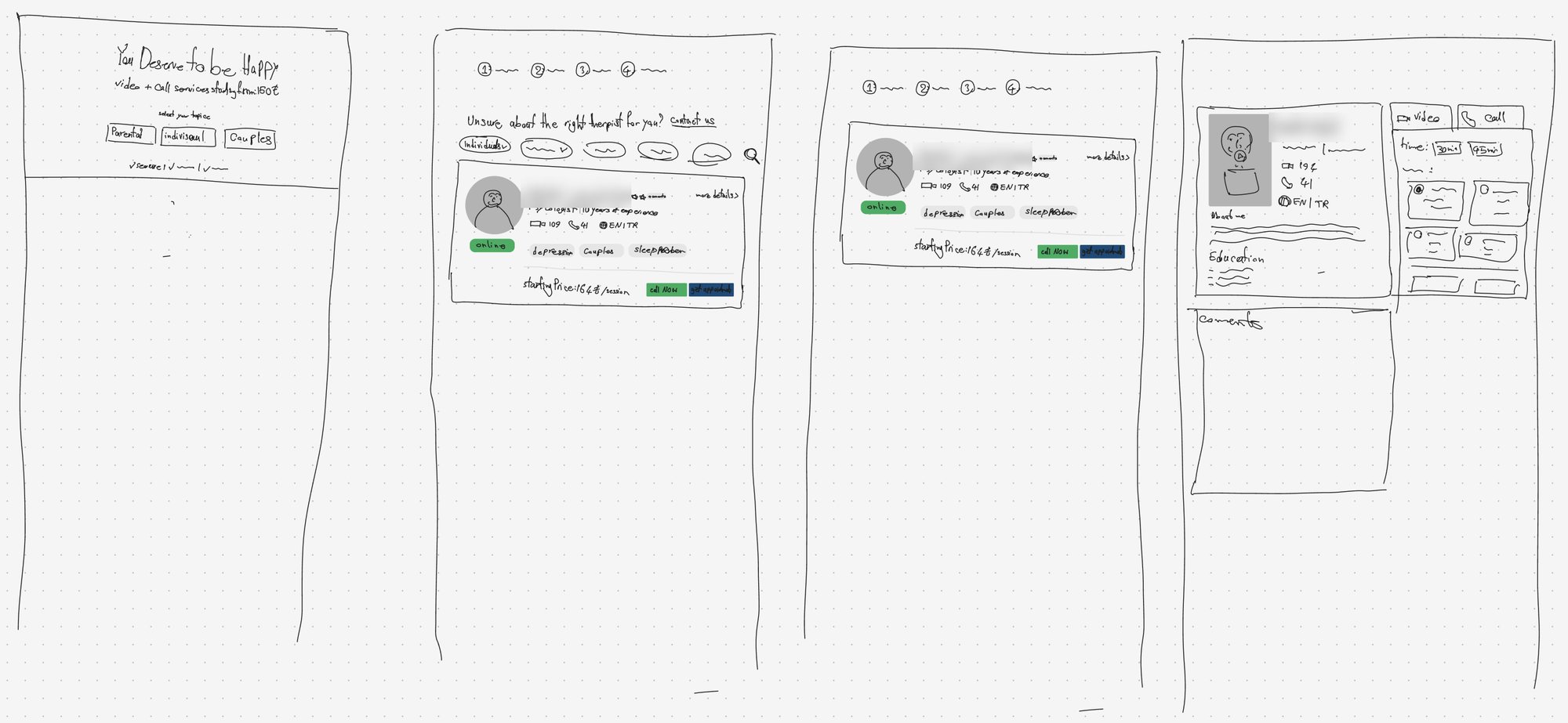 Four paper sketches: a topic choice, the psychologist list with filters, a selected card, and a profile with a booking panel