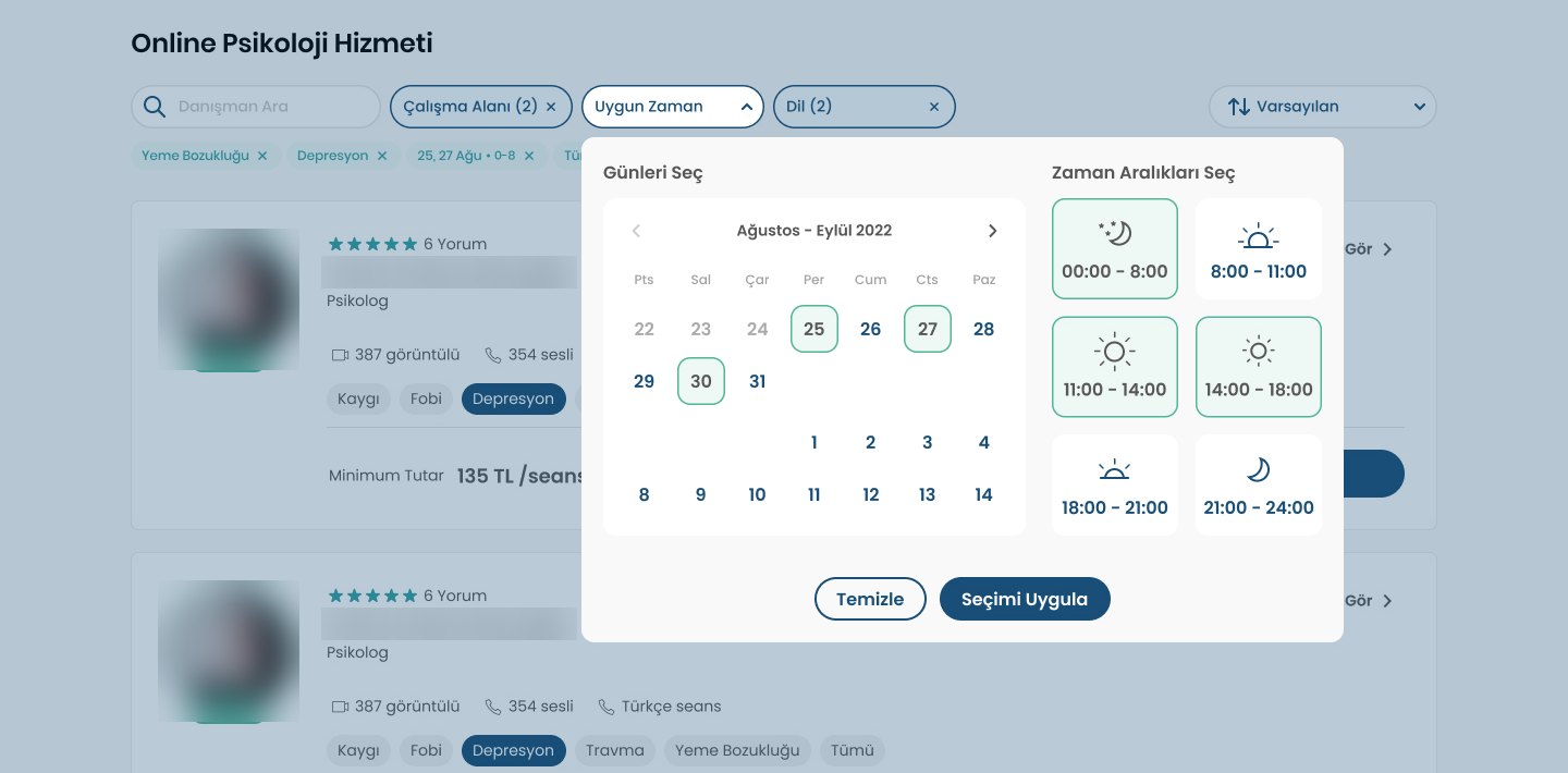 The available time filter: a calendar to pick days and six time ranges from night to evening