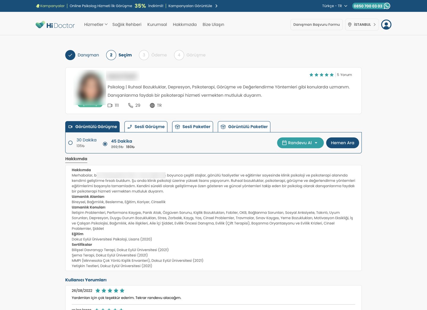 The old psychologist profile page with four tabs, a 30 or 45 minute choice, a booking menu and a long block of text