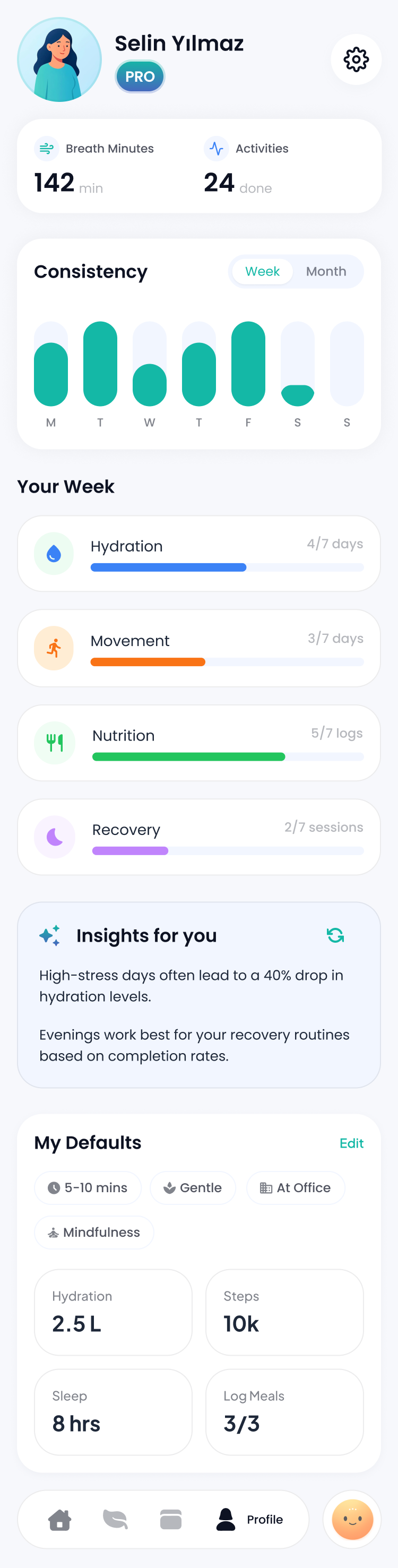 Profile screen: weekly consistency bars, four pillars as fractions, an insights card and saved defaults