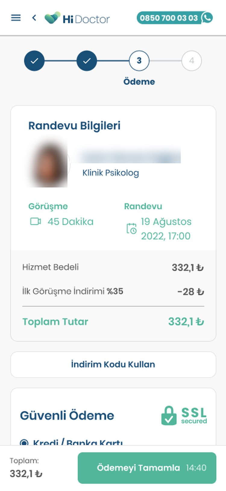 The first screen of the new mobile payment page with a fixed bar showing the total and the payment button