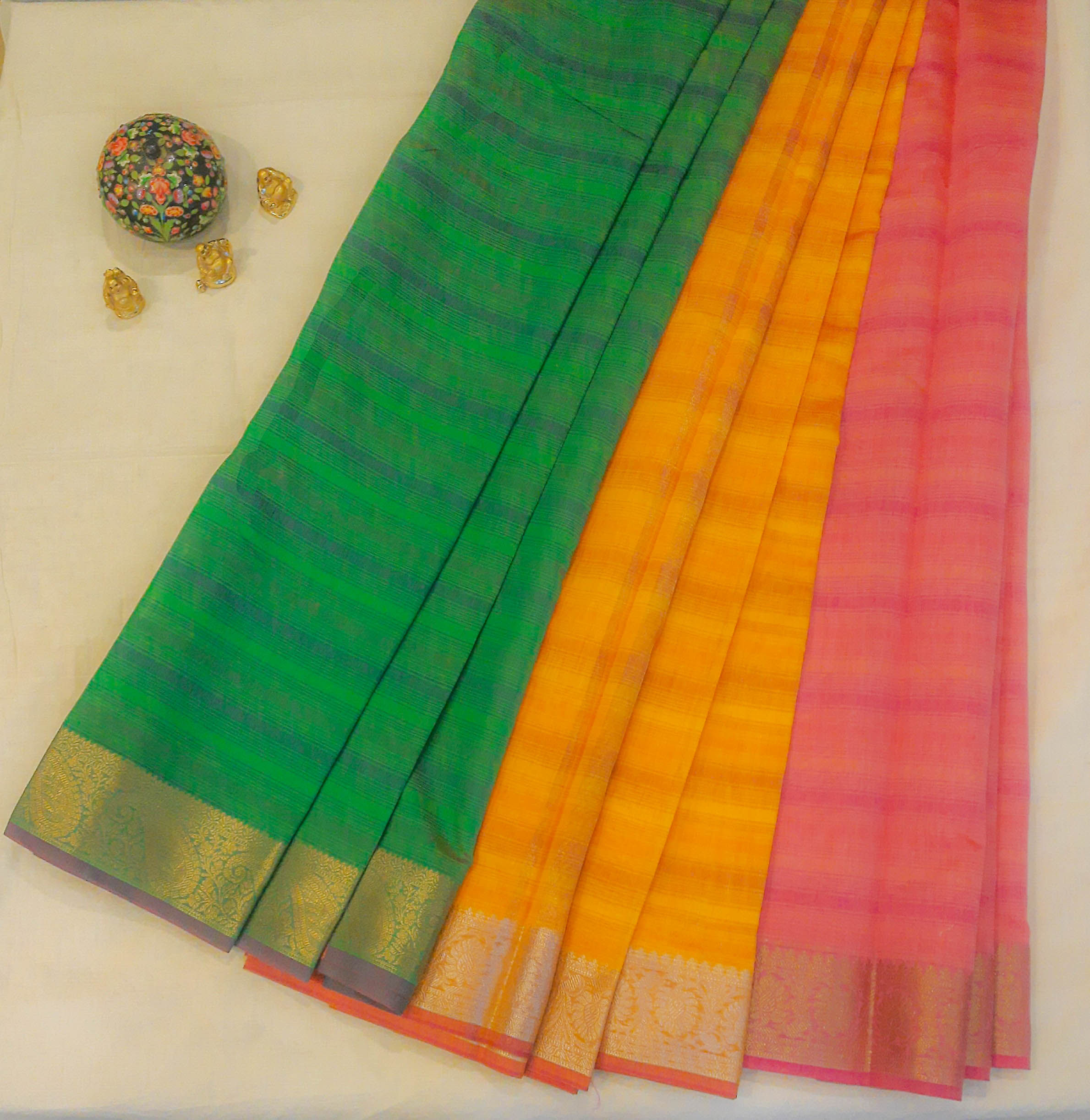 Handloom with zari border - Green with purple
