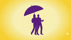 Purple silhouettes of two people sharing an umbrella on a yellow textured background.