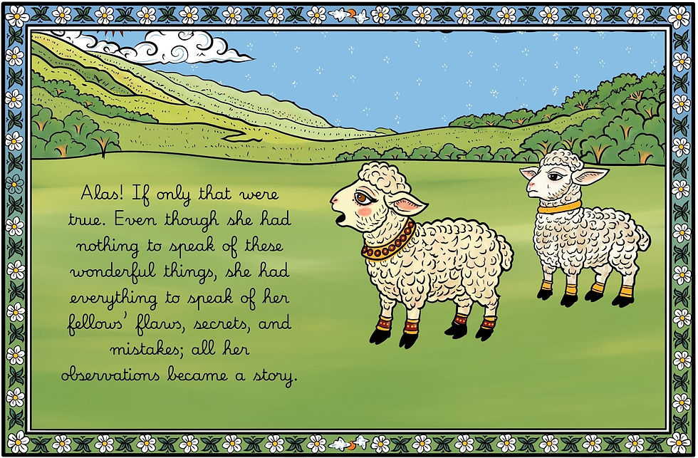 Two white sheep stand in a green meadow with hills and sky; handwritten text reads about her fellows' plans, secrets, and mistakes.