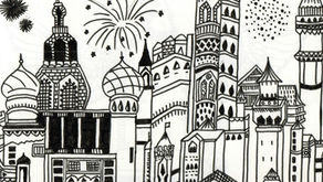 Black-and-white drawing of ornate domed towers and minarets with fireworks over the town skyline.