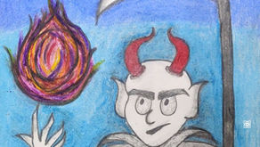 Horned devil with a scythe holds a flaming orb against a blue background, wearing a stern, eerie expression.