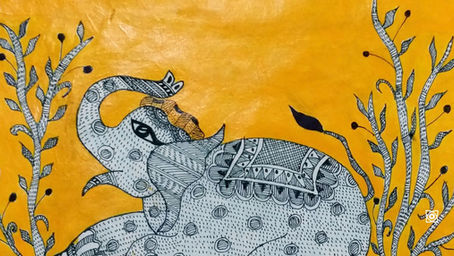 Decorative black-and-white elephant on a bright orange background, framed by stylized trees and leaves; calm, folk-art style.