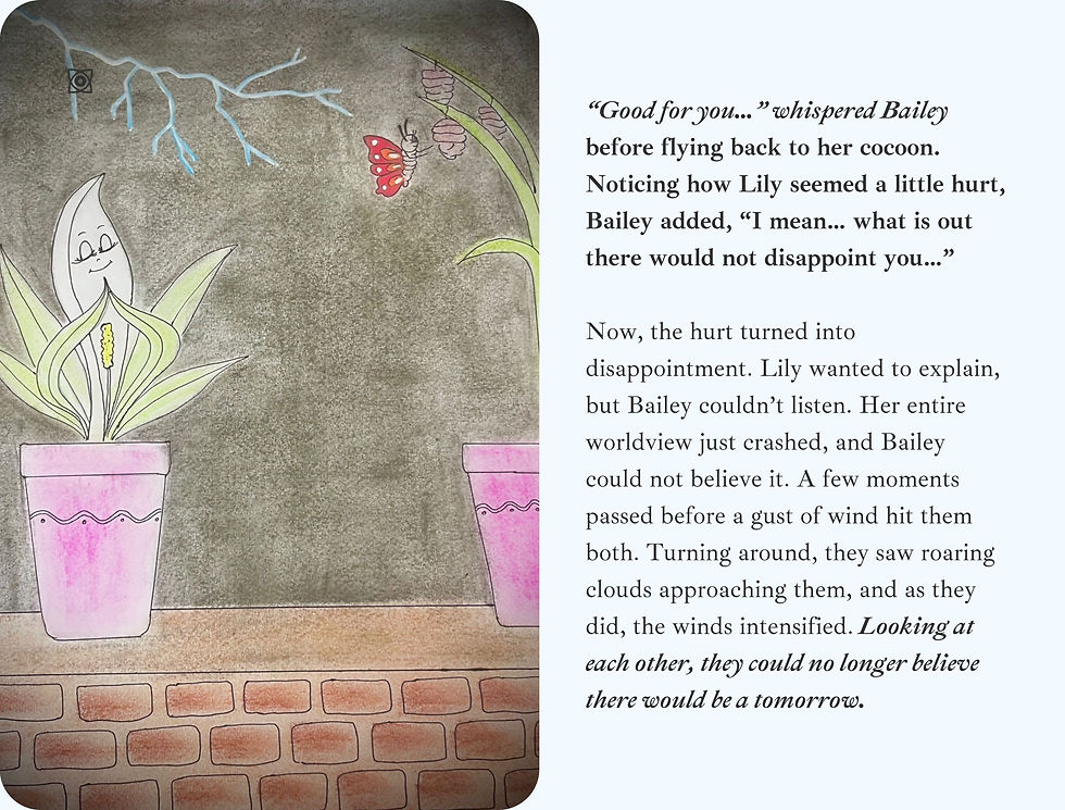 Illustrated book page of a smiling white plant and red butterfly beside pink pots, with a story text block on the right.