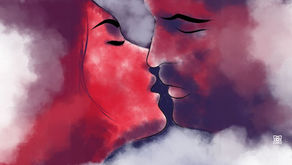 Abstract watercolor of two faces leaning in for a kiss amid red, purple, and gray clouds, romantic mood.