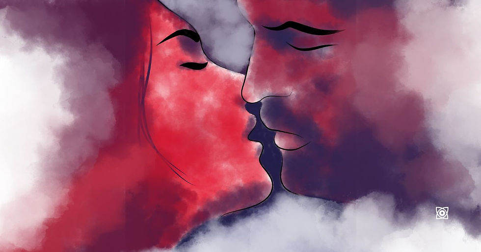 Abstract watercolor of two faces leaning in for a kiss amid red, purple, and gray clouds, romantic mood.