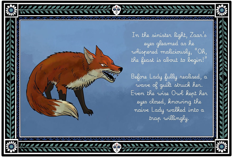 Illustrated fox with bared teeth on blue background, framed by floral border, beside white story text about Zaar and Lady.