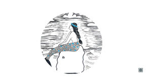 Mermaid with blue accents sits on a rock by the sea under a cloudy sky, gazing upward.