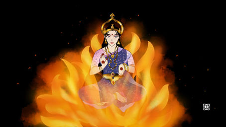 Illustrated Hindu goddess in jeweled crown sits in lotus pose amid bright orange flames on a black background, calm and serene.
