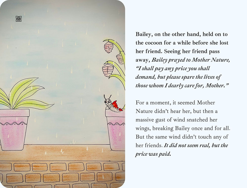 Illustrated book page with potted plant and caterpillar on a shelf beside text about Bailey and Mother Nature in a rainy scene