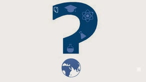 Blue question mark with science icons above a globe on a light background.