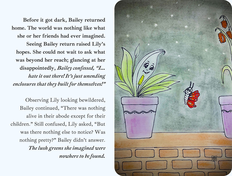 Book page with a long story passage and a whimsical drawing of a potted plant, butterfly, and starry gray background