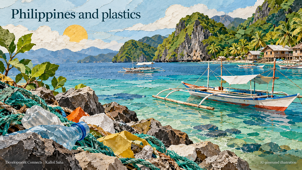 AI-generated illustrative scene. Paper mosaic of an island coast, boats and recyclable materials. Not a photograph of a reported event. Credit: Development Connects | Kallol Saha.