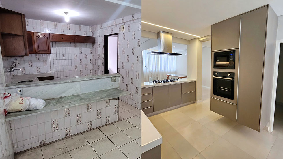 Antes e depois de imóvel reformado pela Morada em Belo Horizonte, mostrando a transformação completa dos ambientes com projeto moderno e funcional.
