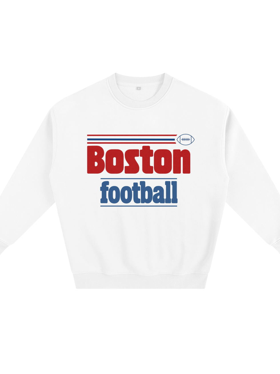 White sweatshirt displaying "Boston football" in red and blue lettering for sport theme.