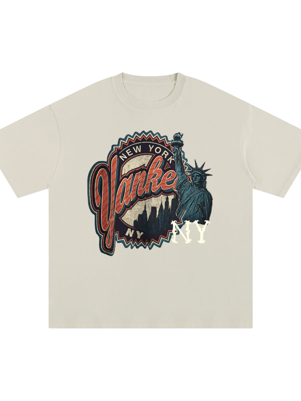 Cream-colored T-shirt with "New York Yankee" graphic and Statue of Liberty. Feeling Deflated Vintage T-shirt.