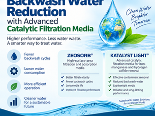 Watch Water® poster highlighting backwash water reduction with advanced catalytic filtration media, featuring ZEOSORB® and KATALYST LIGHT® solutions for fewer backwash cycles, lower water consumption, improved filtration performance, and sustainable water treatment.