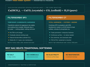 Watch Water GmbH poster comparing Filtersorb SP3 and Filtersorb CT scale prevention technology for fresh water systems
