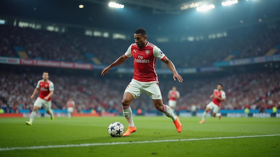 Close-up view of a football player dribbling the ball during a UEFA Champions League game