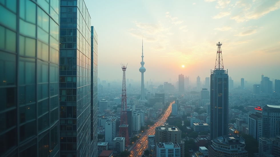 Eye-level view of a modern cityscape with 5G network towers