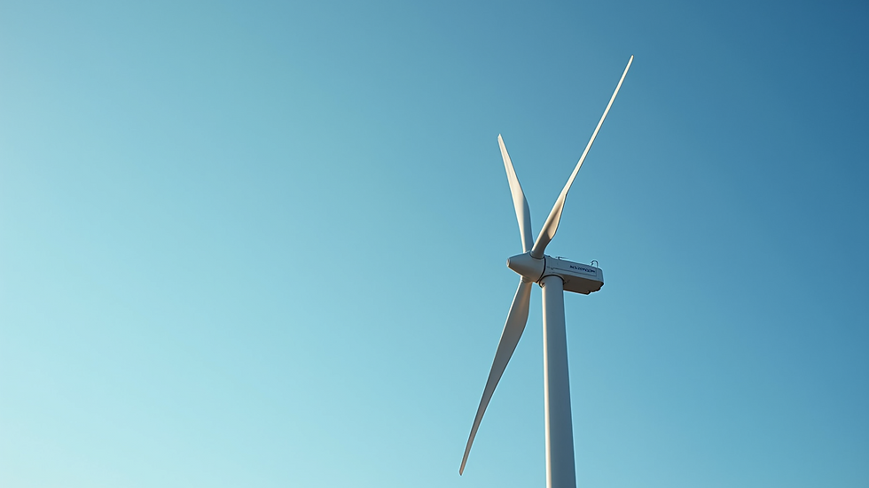 Close-up view of a wind turbine against a clear blue sky