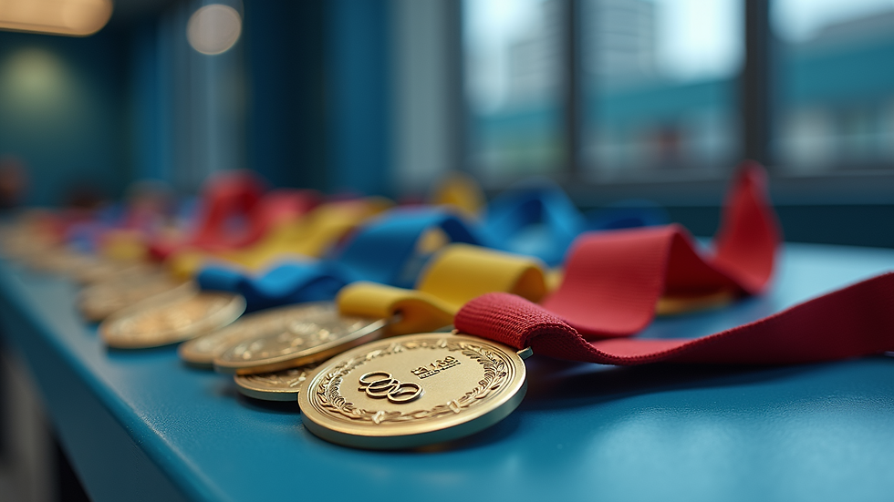 Close-up view of Olympic swimming medals displayed on a table