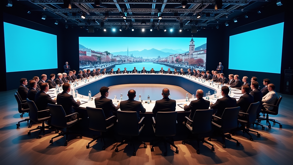Wide angle view of a global summit with delegates seated around a large table