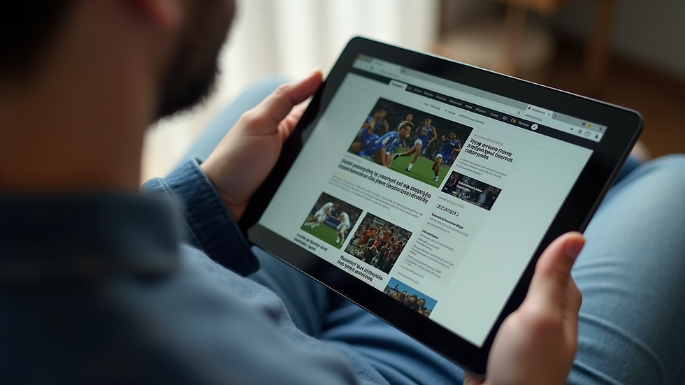 High angle view of a person browsing a sports news website on a tablet