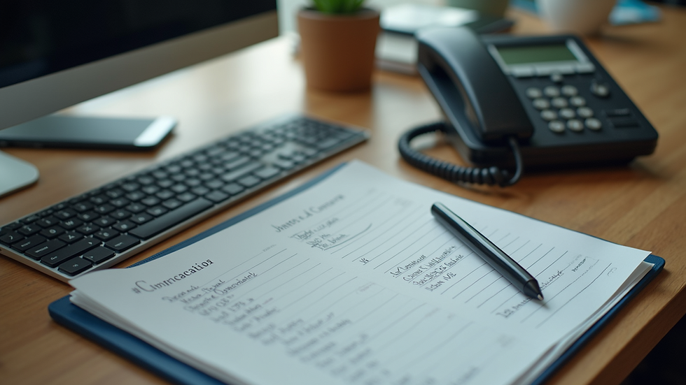 High angle view of a desk with a phone, keyboard, and a contact list