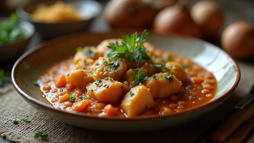 Close-up view of traditional Albanian dish Tavë Kosi served on a ceramic plate