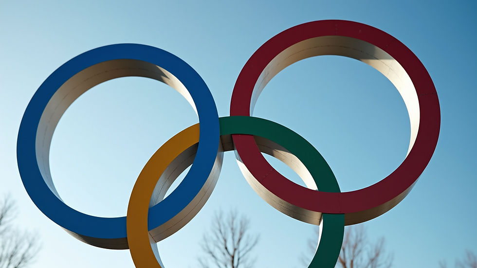 Close-up view of Olympic rings sculpture with a clear blue sky