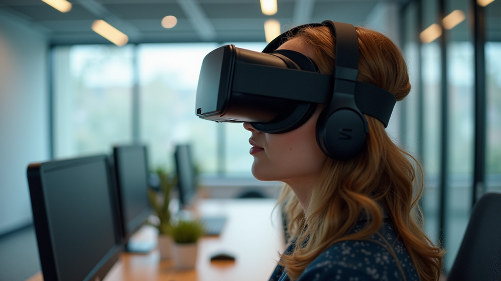 High angle view of a person wearing virtual reality headset in a modern office