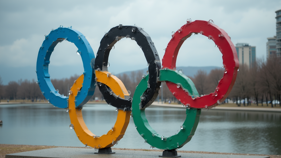 Close-up view of the Olympic rings sculpture at the Olympic Park
