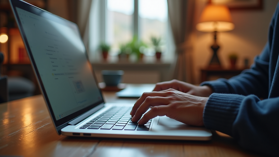 Eye-level view of a person typing on a laptop in a cozy home office