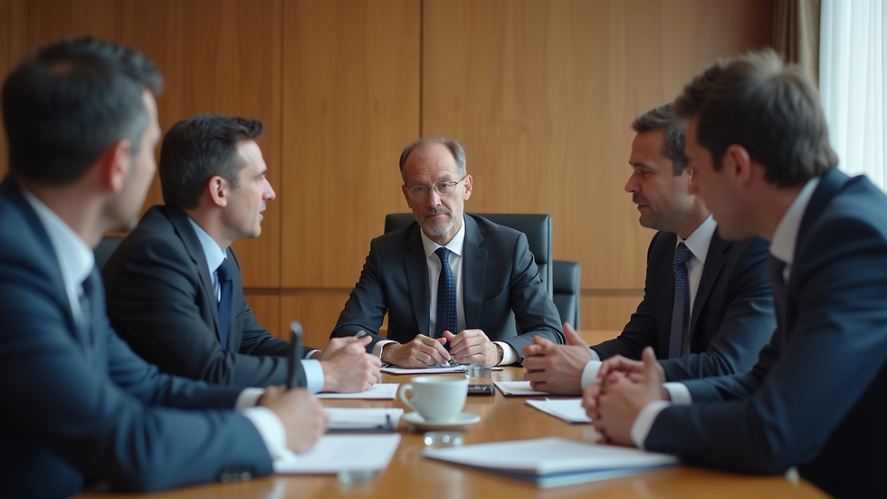 Close-up view of a conference room with officials discussing