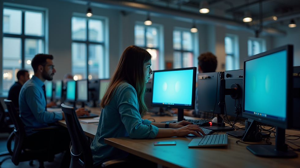 Eye-level view of a newsroom with journalists working on computers