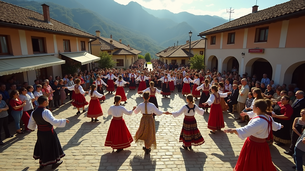 High angle view of a traditional Albanian folk dance performance in a village square