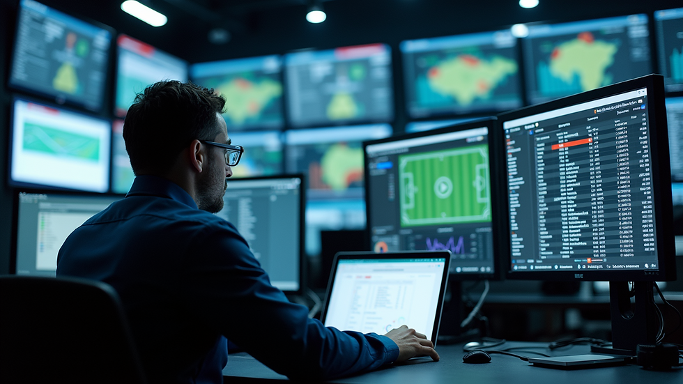 High angle view of a sports analyst working with multiple screens showing game statistics