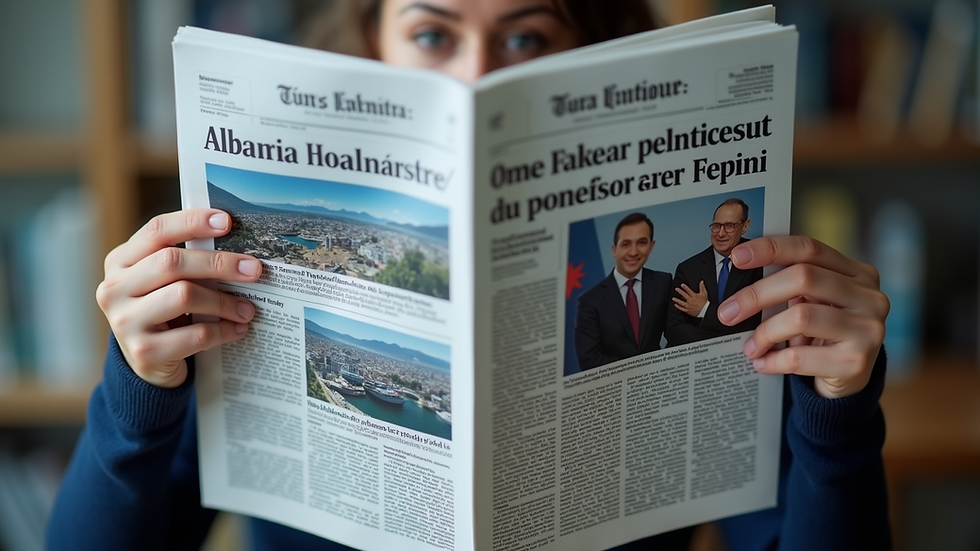 Eye-level view of a person reading a newspaper with headlines about politics