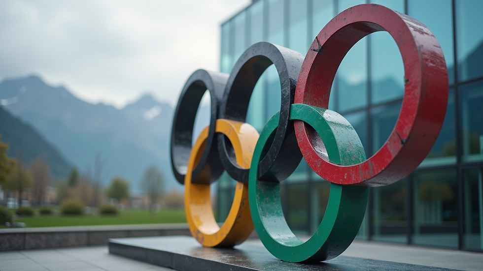 Close-up view of Olympic rings sculpture at headquarters