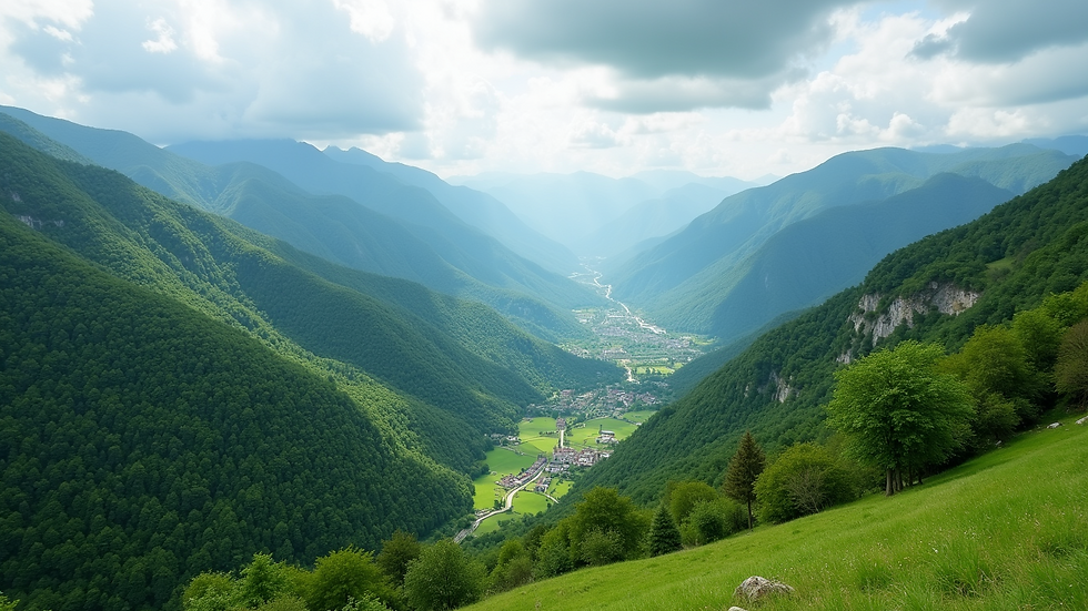 Wide angle view of a green mountainous landscape near Librazhd