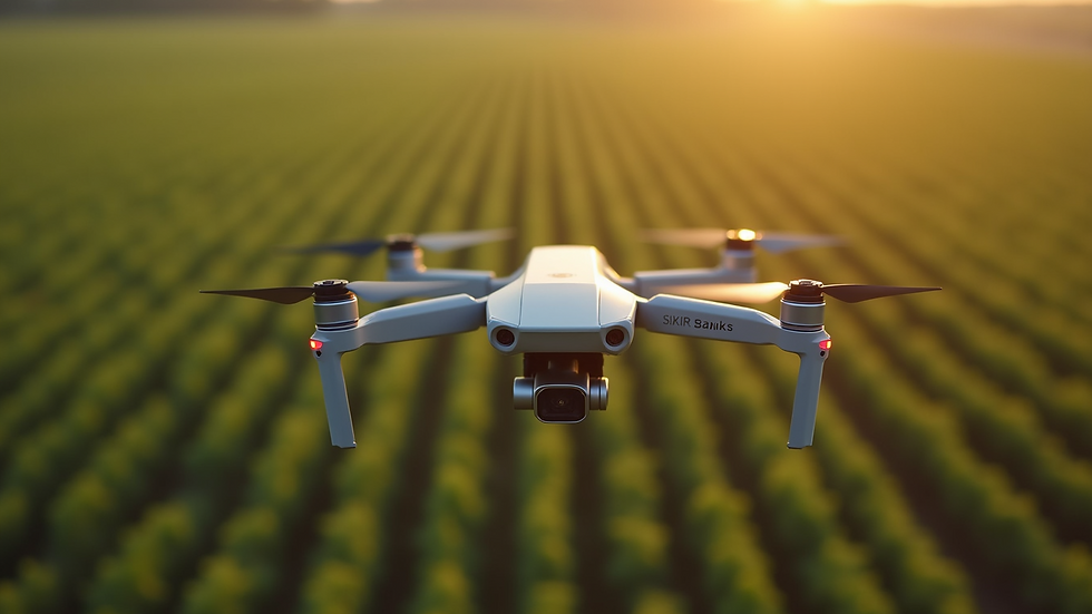 High angle view of a drone flying over a large agricultural field